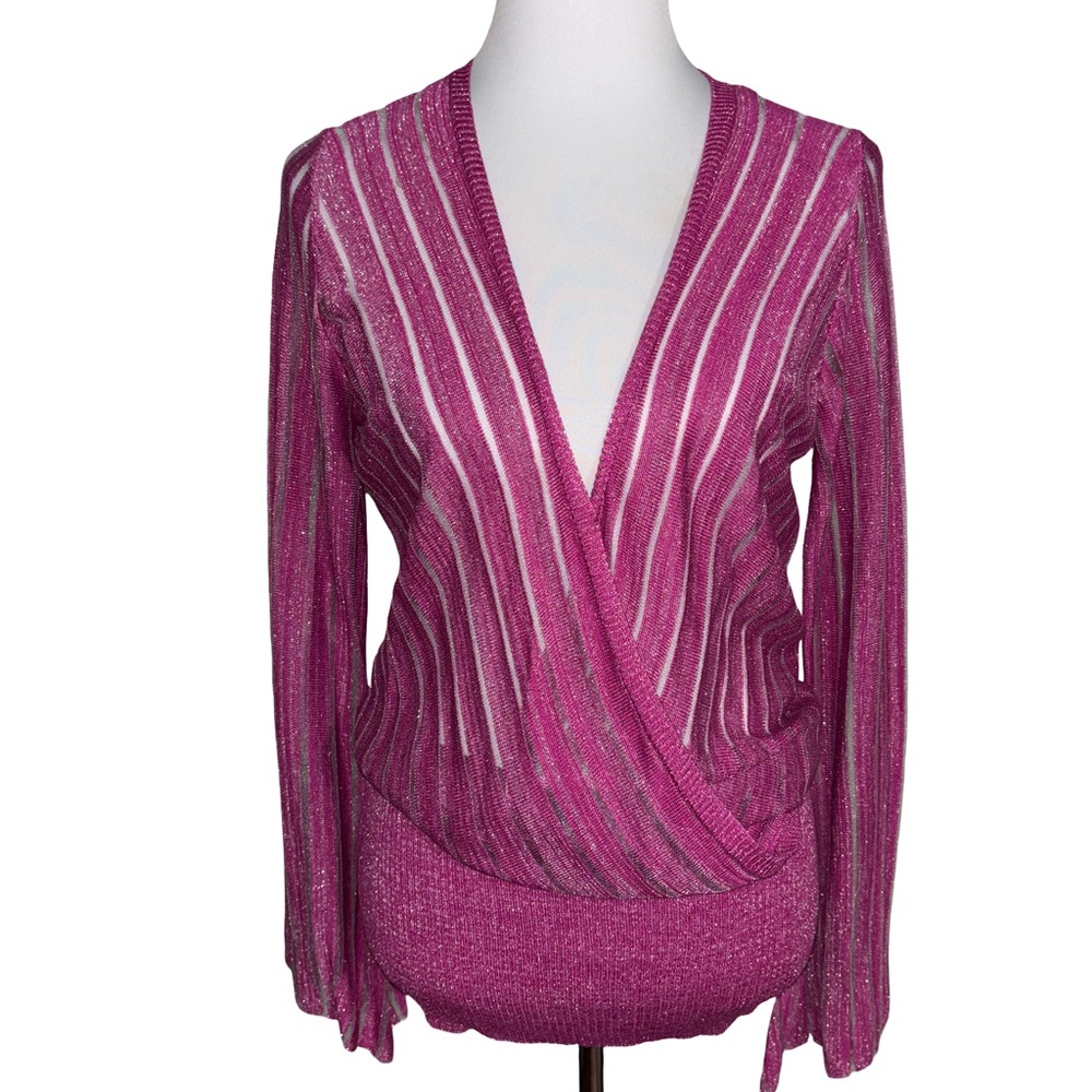 Ashley Stewart Fuchsia and Silver V-Neck Sweater NWT